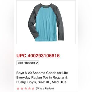 Sonoma Boys Blue & Gray Raglan Everyday Baseball Tee Long Sleeves Size XL